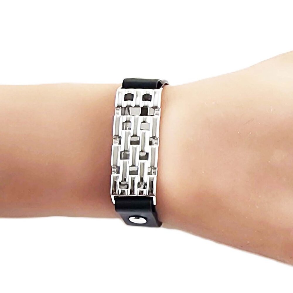 Vintage Leather Silver Rectangle Bracelet